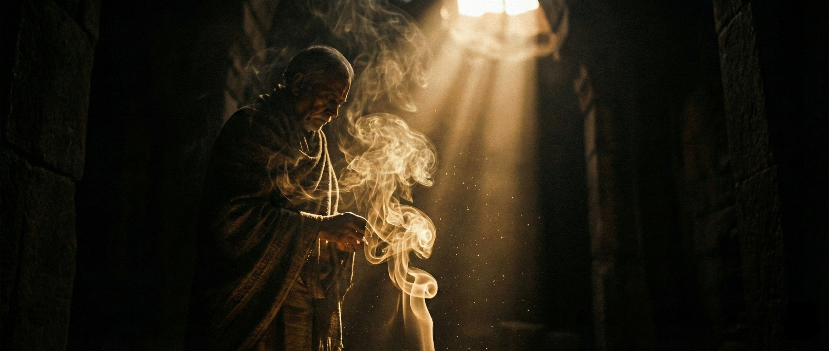 Person in dark robe with smoke in a dimly lit room defining Indian luxury Perfumes
