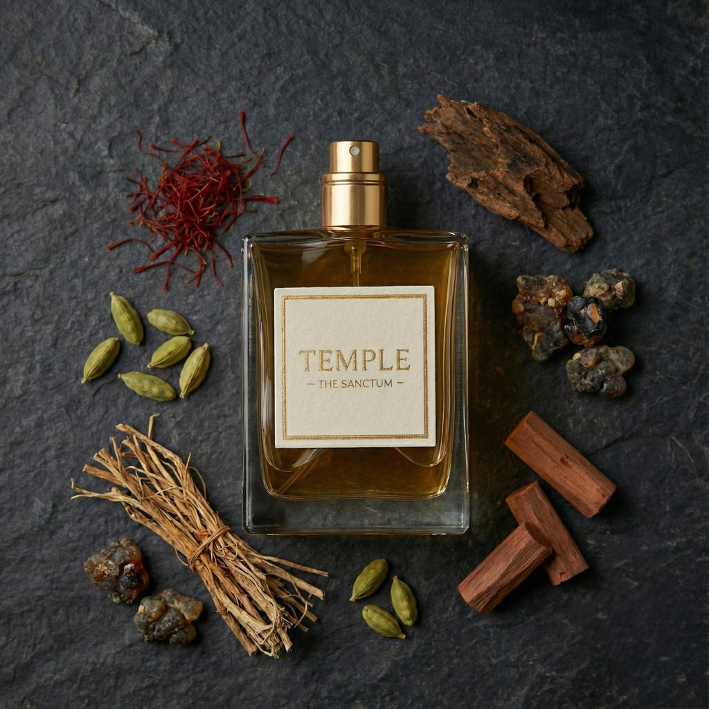 Perfume bottle labeled 'Temple' surrounded by saffron, cardamom, and other spices on a dark surface